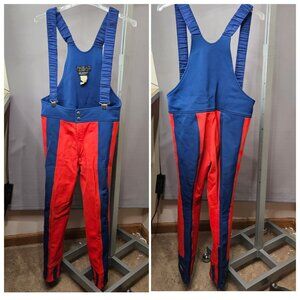 Vint 80s Head Snow Ski Pant Bib Overall Jumpsuit 32 R Red Blue Wool Blend Zip